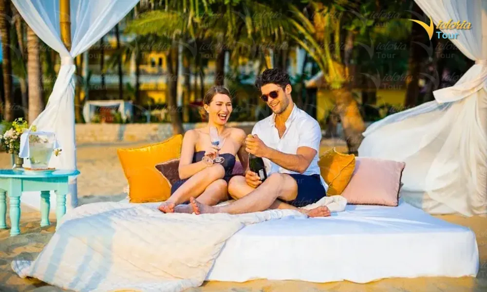 Couple enjoying a relaxed hotel stay during a Vietnam honeymoon