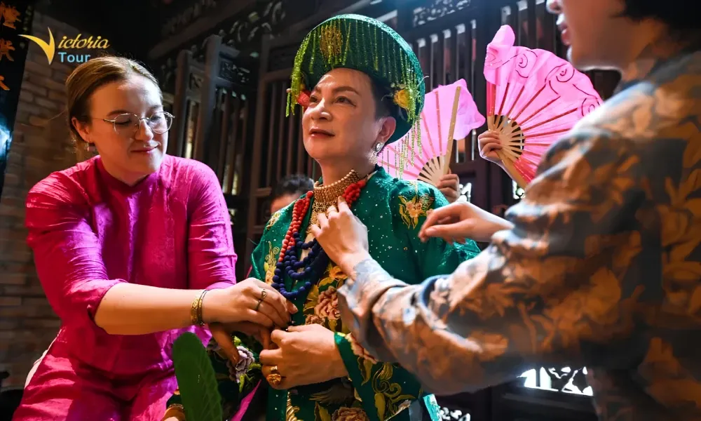 Woman wearing traditional Vietnamese attire during a local cultural experience in Vietnam